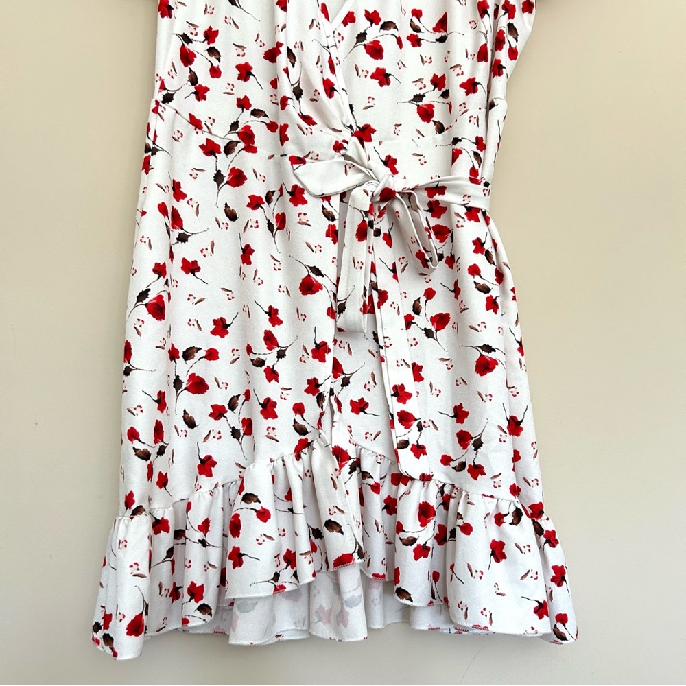 Naggoo White Mini Wrap Dress with Red Floral Print and Tie Waist - Picture 4 of 9